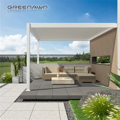 Moottoroitu säleikkö Pergola Moderni pergola kiinnitetty taloon
